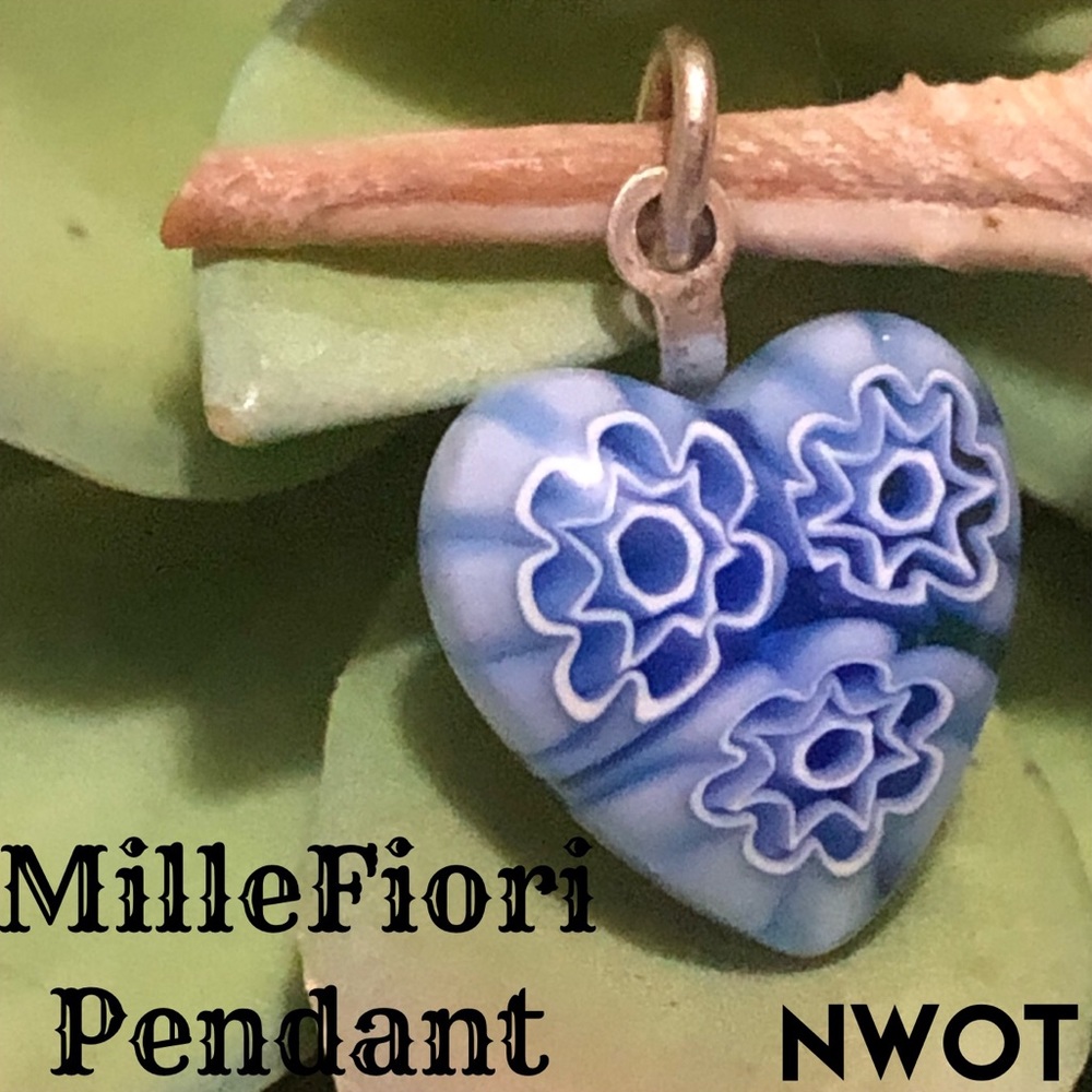 Millefiori Italian Glass Heart Pendant-Blue/White